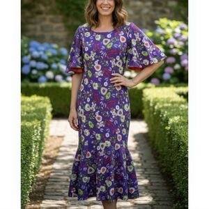 Vintage 60's Purple Floral Butterfly Sleeve Maxi Dress